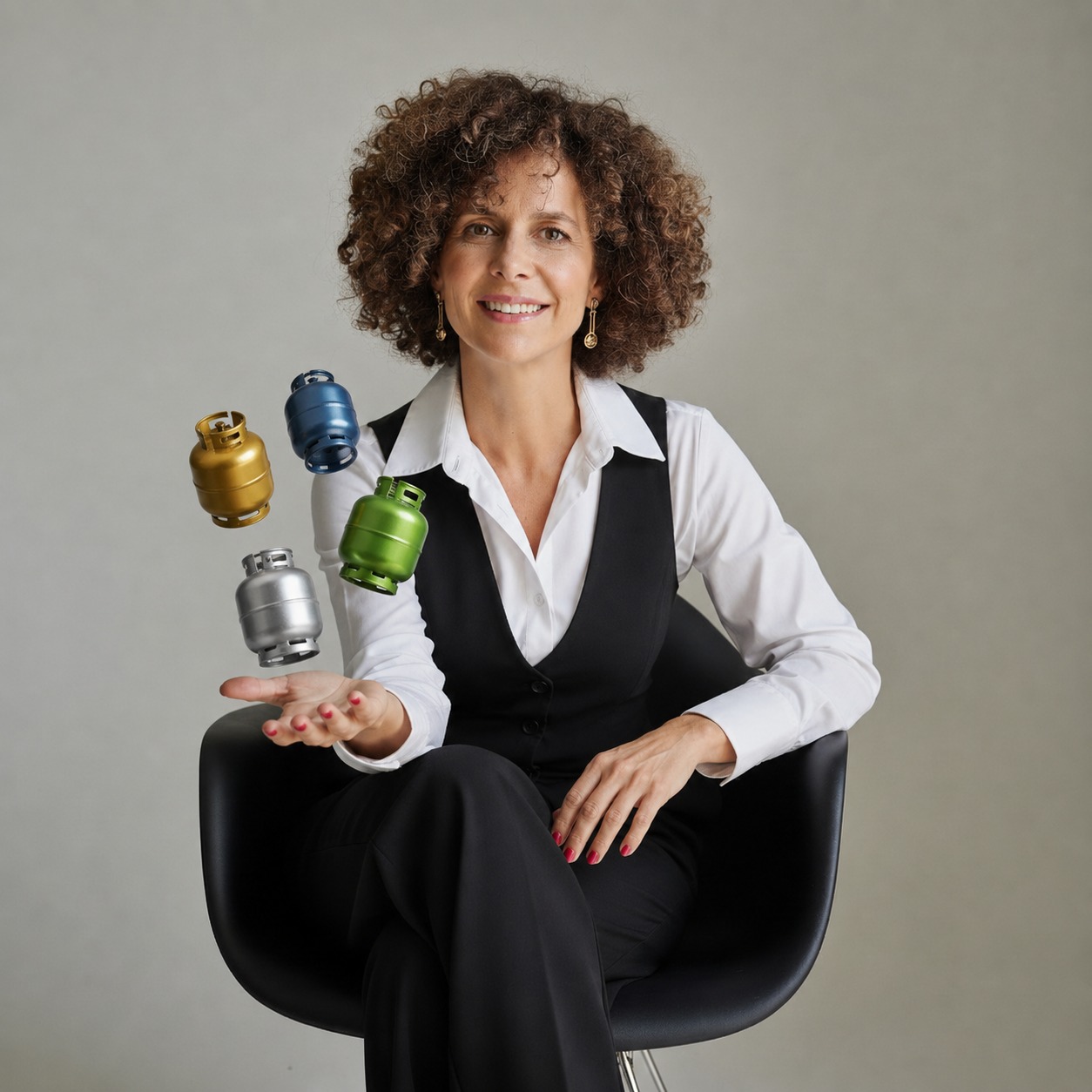 Sandra Ruiz, especialista em marketing para revenda de gás de cozinha, segurando botijões coloridos